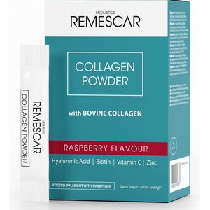 Remescar Collageen poeder Sticks - Collageen boost voor je huid, Rundercollageen met Vitamine C, Biotine, Zink en Hyaluronzuur, Verminder Rimpels e, Verstevigt de huid, Stimuleert Collageenproductie, 30 x 5 g voor 1 maand voorraad, Framboos smaak