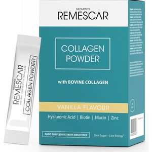 Remescar Collageen poeder Sticks - Collageen boost voor je huid, Rundercollageen met Vitamine C, Biotine, Zink en Hyaluronzuur, Verminder Rimpels e, Verstevigt de huid, Stimuleert Collageenproductie, 30 x 5 g voor 1 maand voorraad, Vanille smaak
