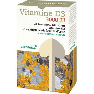 Cressana Vitamine D3 3000IU/75mcg & K2 - Vegetarische vitamine D3 uit korstmos - met vitamine K2 - Extra brandnetelblad om de gewrichten soepel te houden - 60 capsules