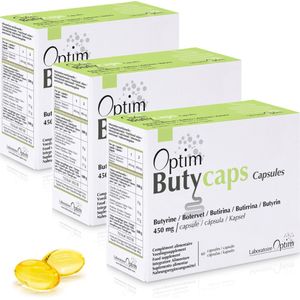 Optim Butycaps-capsules, 3 verpakkingen, 60 capsules, boterzuur, vloeibaar butyrine 450 mg, doorvoer, dikke darm en darmflora, voedingssupplementen