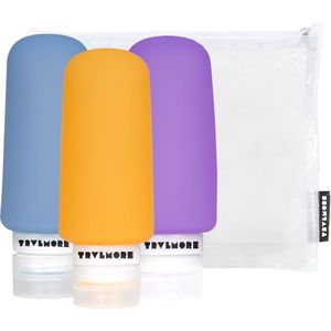 TRVLMORE Reisflesjes met Etui - Navulbaar - Handbagage - 100 ML - 3 Stuks - Oranje/Paars/Blauw