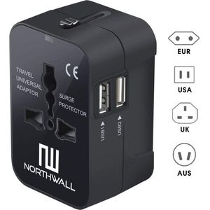 Universele Wereldstekker met 2 USB Poorten - Internationale Reisstekker voor 150+ Landen - Engeland (UK), Amerika (USA), Afrika, Zuid Amerika, Wereldstekkers - Zwart