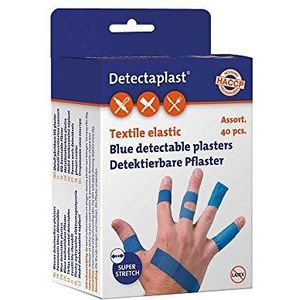 Detectaplast blauwe pleisters Elastic, metaaldetecteerbare en flexibele pleisters sensitive, voor de voedingsindustrie, catering en grootkeuken, 9x38, 19x72, 25x72, vlinder&kneukel, 40 stuks