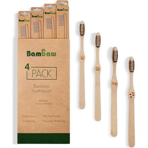 Bambaw - Bamboe Tandenborstel - Medium - 4 Stuks - Antibacteriële Tandenborstel - 100% Biologisch Afbreekbare Handgreep