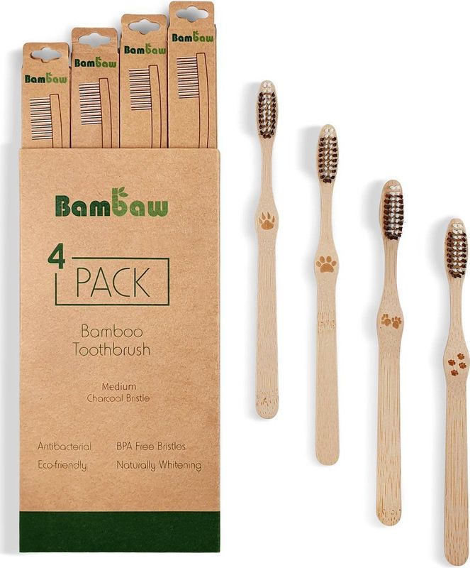 Bambaw - Bamboe Tandenborstel - Medium - 4 Stuks - Antibacteriële Tandenborstel - 100% Biologisch Afbreekbare Handgreep