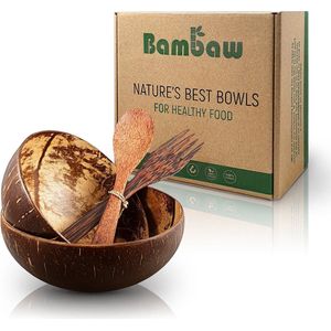 Kokos Schaaltjes Set met Houten Bestek | Set van Twee Houten Schaaltjes van Geüpcyclede Kokosnootschil | Acai Bowl | Buddha Bowl | Natuurlijke Kokos Schaaltjes| Ideaal Vegan Cadeau| Bambaw