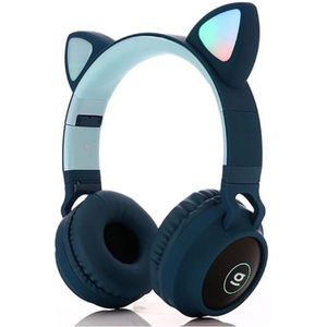 Kinder hoofdtelefoon - koptelefoon kinderen Bluetooth met led kattenoortjes blauw