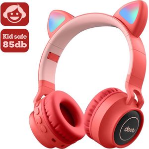 Kinder hoofdtelefoon DOBI by doobs - Draadloze koptelefoon Bluetooth met led kattenoortjes rood - KIDS - VOLUME BEGRENZING - 85DB