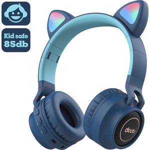 Kinder hoofdtelefoon DOBI by doobs - Draadloze koptelefoon Bluetooth met led kattenoortjes donker blauw - KIDS - VOLUME BEGRENZING - 85DB