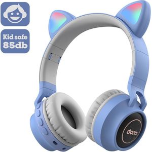 Kinder hoofdtelefoon DOBI by doobs - Draadloze koptelefoon Bluetooth met led kattenoortjes licht blauw - KIDS - VOLUME BEGRENZING - 85DB