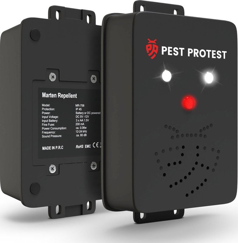 Pest Protest Marterverjager - Op Auto accu, 12V of Batterijen - Ultrasone Marter Verjager - Outdoor Ongedierte Verjagers - Anti Steenmarter voor Binnen en Buiten - Marterverjagers