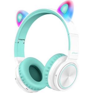 Picun lucky cat - Kinder koptelefoon – draadloze bluetooth koptelefoon – met led katten oortjes – met volume begrenzing - HD-microfoon - munt groen