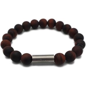H-Beau - Handgemaakte Armband van Edelstenen - Natuurstenen - Rode Tijgeroog Kralen - Dames - Tiener - Uniseks - RVS Kraal - 8mm - lengte 16,5cm – Rood/Zwart - Sterrenbeeld - Horoscoop - Leeuw - Tweeling