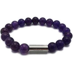H-Beau - Handgemaakte Armband van Edelstenen - Natuurstenen - Amethist - Kralen - Dames - Tiener - Unisex - RVS Kraal - 8mm - lengte 16,5cm - Gepolijst - Paars - Sterrenbeeld - Maagd - Vissen