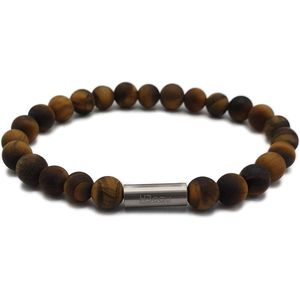 H-Beau - Handgemaakte Armband van Edelstenen - Natuurstenen - Gouden - Tijgeroog - Kralen - Mat - RVS Kraal - 8mm - lengte 21cm - Bruin - oker - Heren - Uniseks - Sterrenbeeld - Horoscoop - Leeuw - Tweeling