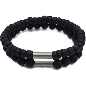 H-Beau - Duo – Cadeau - Set van 2 Handgemaakte Armbanden - Jongens Armband - Breedte: 6mm – Lengte: 15cm - Zwart - Natuurstenen - Natuurkralen - Onyx – Kokos – hout - Kralen - RVS Kraal - Mat – Unisex - Geschenk