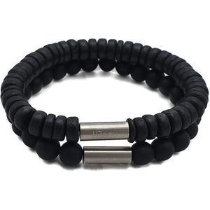 H-Beau - Duo – Cadeau - Set van 2 Handgemaakte Armbanden - Breedte: 8mm – Lengte: 19cm - Zwart - Mannen Armband - Natuurstenen - Natuurkralen - Onyx – Kokos – Hout - Kralen - RVS Kraal – Mat – Heren – Unisex - Geschenk