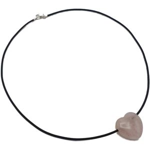 H-Beau - Halsketting - Edelsteen – Natuursteen - Rozenkwarts – Hartje - Dames - Rubber - lengte 45cm - Gepolijst - Roos - Sterrenbeeld - Stier - Kreeft – Weegschaal – Collier - Geschenk
