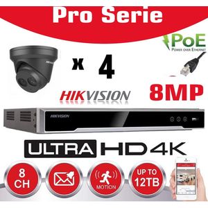 HIKVISION 8MP Bewakingscamera Kit Pro Serie - NVR 8Ch 4K UHD IP POE - 4x 8MP IP TURRET CAMERA Pro-Serie In/Buiten Nachtzicht IR Tot 30m - 2TB HDD Opslag