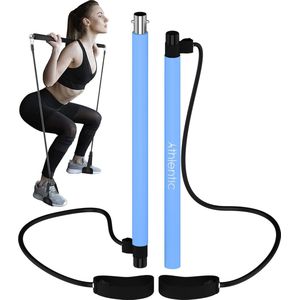 Athlentic® Pilates bar - Pilates stick - Fitness bar - Pilates stok - Fitness stick - Yoga stok - Fitness materiaal voor thuis - Weerstandsbanden - Resistance band set - Sport Elastiek Banden - Fitness Elastiek - Fitness + Trainingsschema Blauw