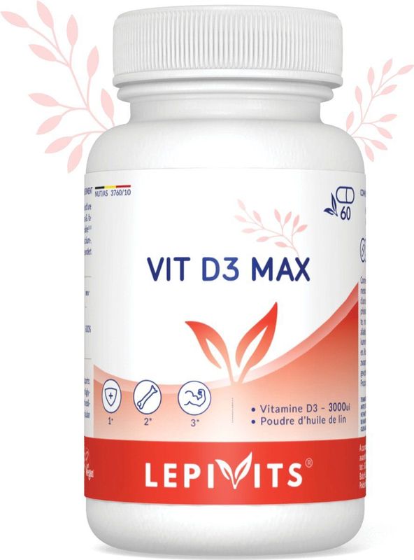 Vit D3 Max - 3000ui Vitamine D - Lijnzaadoliepoeder - 60 Capsules