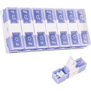 Medies - Pillendoos 7 dagen 2 vakken extra groot | Pillendoosjes | Pillendoosje week | Pillendoosje met handige houder voor onderweg | Ruime vakken | Sterke vergrendeling en makkelijk te openen met trekbeweging - Nederlandstalig