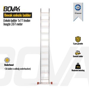 Bovak enkele ladder- rechte ladder 1x11 treden - stabilisatiebalk - Werkhoogte 3.61 meter - Aluminium - TÜV Keurmerk