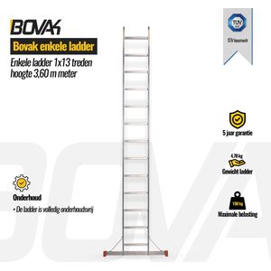 Bovak enkele ladder- rechte ladder 1x13 treden - stabilisatiebalk - Werkhoogte 4,15 meter - Aluminium - TÜV Keurmerk