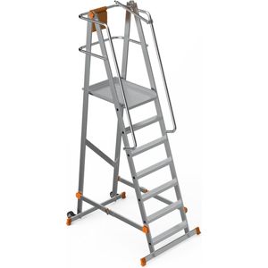 Bovak Vouwbare Bordestrap 7 treden met toprollen - Verrijdbare platformladder 2,89 meter - Magazijntrap - TÜV Keurmerk