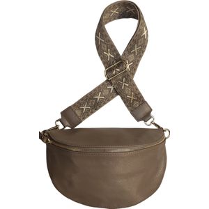 ! UITVERKOOP ! San Marco zacht lederen cross body tas LARGE - goudkleurige rits – heuptas – fashion – banaan donker taupe met extra riem