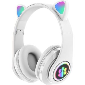 Kinder Hoofdtelefoon-Draadloze Koptelefoon-Kids Headset-Over Ear-Bluetooth-Microfoon-Katten Oortjes-Led Verlichting - WIT