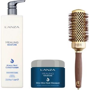Lanza Healing Moisture Kukui Nut - 950 ml - Conditioner & L'Anza - Healing Moisture - Moi Moi Hair Masque - 200 ml & Borstel Ceramic+ion Nano Thermic Olivia Garden