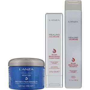 L'Anza - Healing Moisture - Moi Moi Hair Masque - 200 ml & L'anza Silver Brightening Shampoo 300 ml - Zilvershampoo vrouwen & L'Anza - Healing Color - Silver Brightening Conditioner - 250 ml