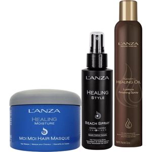 L'Anza Keratin Healing Oil Lustrous Finishing Spray 350ml & L'Anza Healing Style Beach Spray 100ml & L'Anza Healing Moisture Moi Moi Hair Masque 200ml