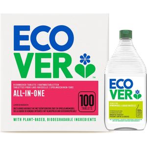 Ecover Vaatwastabletten Voordeelverpakking ALL-IN-ONE 100 Stuks + 950ML Gratis Afwasmiddel