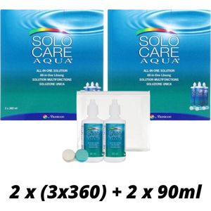 SOLOCARE Aqua 2x voordeelpak: 3x360ml + 3lenshouders + reisverpakking 2x90ml + 1 lenshouder- lenzenvloeistof
