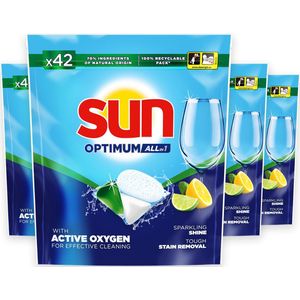 Sun - Optimum Lemon All-in-1 - 100% oplosbare tabletfolie - 4 x 42 stuks -168 vaatwastabletten - Voordeelverpakking