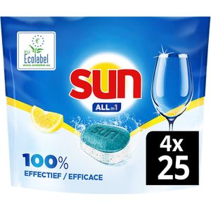 Sun - All-in 1 Lemon - 100% oplosbare tabletfolie - 4 x 25 stuks -100 vaatwastabletten - Voordeelverpakking