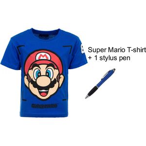 Super Mario Bros T-shirt - Koningsblauw - met 1 Stylus Pen. Maat 104 cm / 4 jaar.