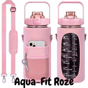 Aqua-Fit Roze 2L - Waterfles - Drinkfles - Draagtas met mobiele telefoon en sleutelhouder - Waterfles/Drinkfles met rietje - Grote waterfles - Gallon - Sportbidon - fitnessfles