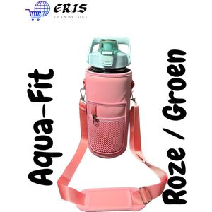 Aqua-Fit Groen 2 Liter - Waterfles - Drinkfles - Roze Draagtas met mobiele telefoon en sleutelhouder - Waterfles/Drinkfles met rietje - Grote waterfles - Gallon - Sportbidon - fitnessfles