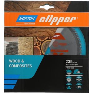 Norton Clipper Hout en Composiet - Zaagblad ATB Finishing - 235mm - 96 tanden - Voor Cirkelzagen en Afkortzagen
