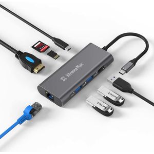 XtremeMac - 8-Ports USB-C Hub - Grijs - Type-C Hub met HDMI en 3x USB-A