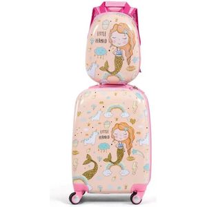 meubelexpert_ 18"" kinderkoffer en 12"" rugzak handbagage roze in zeemeermin design met 4 wielen en verstelbaar handvat