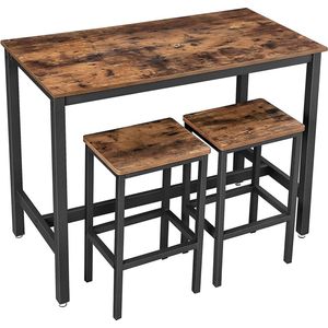 SIGNATURE HOME bartafelset - hoge tafel met 2 barkrukken - aanrecht met barkrukken - keukentafel en keukenstoelen in industrieel design - voor in de keuken -120 x 60 x 90 cm - vintage bruin-zwart