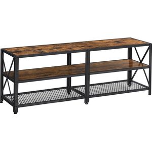 TV-kast, TV-tafel, lowboard voor TV tot 60 inch, TV-kast met rekken, stalen frame, TV-plank voor woonkamer, slaapkamer, vintage bruin-zwart LTV094B01