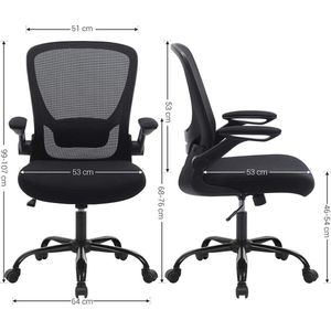 bureaustoel office chair met opklapbare armleuningen, ergonomische computerstoel, 360°-draaistoel, verstelbare lendensteun, zwart OBN37BK