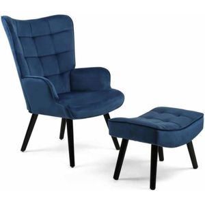 Scandinavische stoel ANIA met voetensteun, fluweel, blauw
