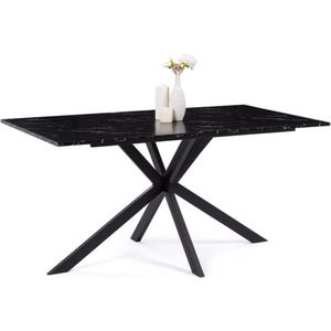 Eettafel Alaska voor 6 – 8 personen, marmereffect, zwart en metalen spinnenvoet, 160 cm