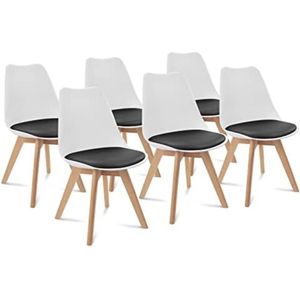 Set van 6 Scandinavische stoelen SARA tweekleurig wit kussen zwart